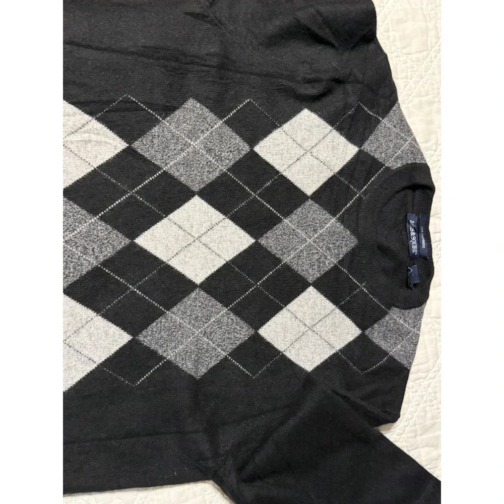 Davis & Squire Mens 100% Cashmere Argyle Crewneck Sweater Black Grey XL